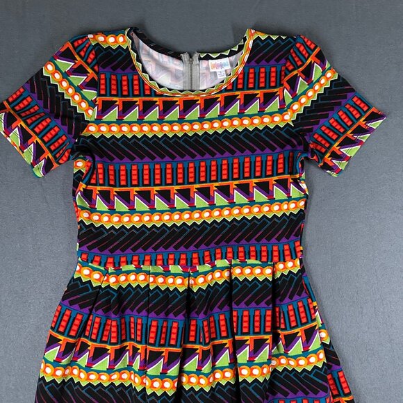 Lularoe Womens L Amelia SS Scoop Neck Back Zip Pleated Teal Geometric Dress - Picture 3 of 11